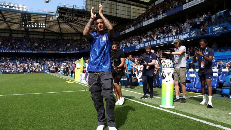 Chelsea unveil Jadon Sancho at Stamford Bridge moments before Sunday's clash with Crystal Palace... after ex-Man United star completes his Old Trafford escape with £23m move