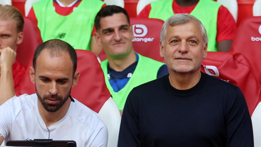 Bruno Genesio et son adjoint Dimitri Farbos, samedi, lors de la réception de Strasbourg.