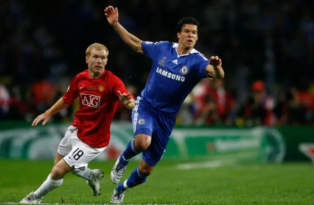 Paul Scholes and Michael Ballack during 2008 Champions League final