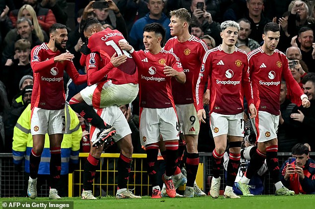 Manchester United players celebrated emphatically after taking the lead against Chelsea