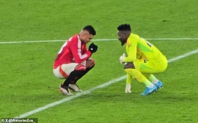 United's Brazilian midfielder Casemiro couldn't watch the penalty as he was met by Andre Onana