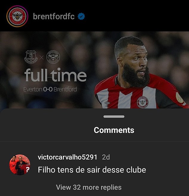 Victor Carvalho wrote 'Son, you have to leave this club' in a now deleted social media post