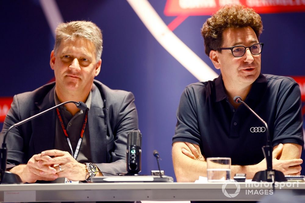 Audi CEO Gernot Döllner and Mattia Binotto at a press conference