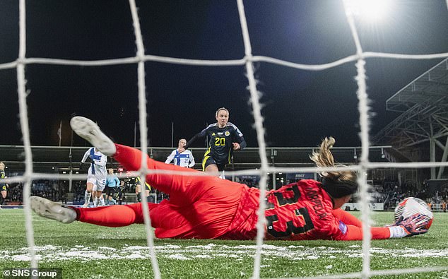 La gardienne de Finlande Tinja-Riika effectue un arrêt contre Martha Thomas