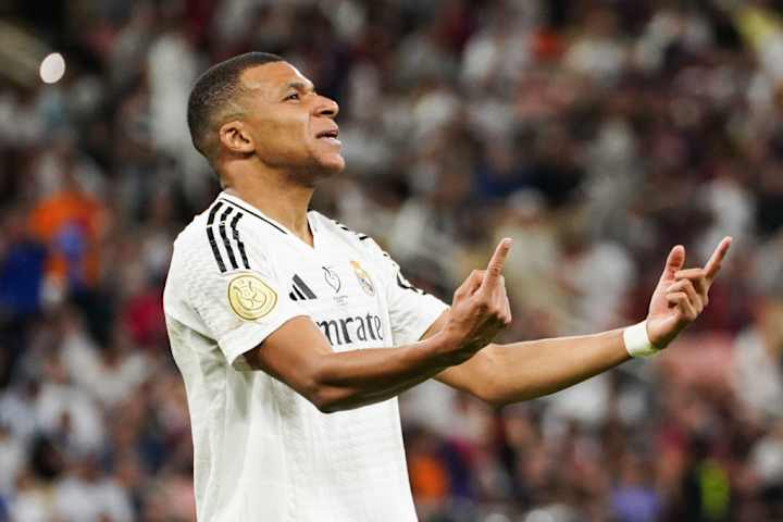 Kylian Mbappe reacts with frustration during Real Madrid's heavy defeat to Barcelon