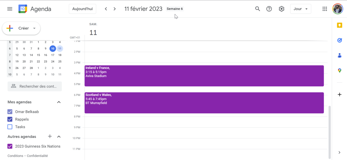 Google Agenda Tournoi des Six Nations