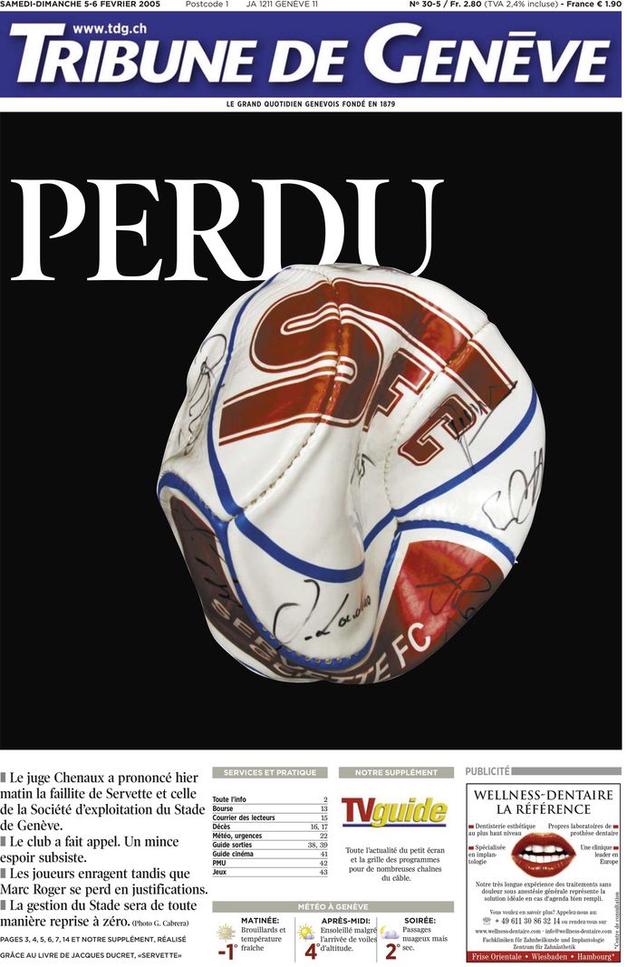 Une couverture de journal avec le titre «PERDU» et une image d’un ballon de football dégonflé portant le logo SFC.