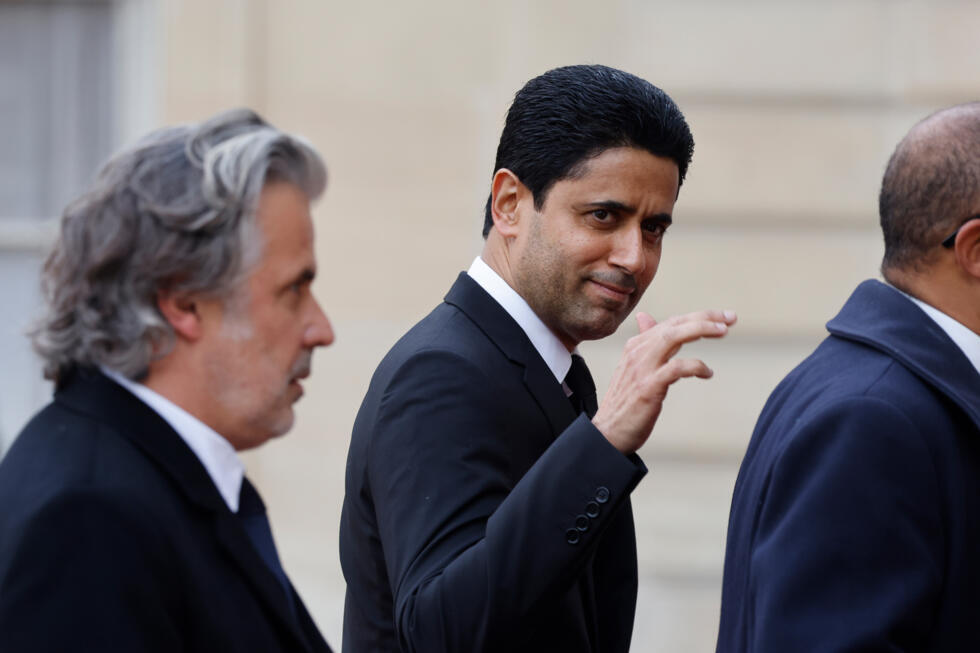 Le président de la LFP Vincent Labrune et Nasser Al-Khelaifi, président du PSG, au Palais de l'Élysée