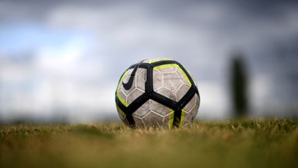 Un ballon de foot sur le terrain d'un club amateur, en avril 2020. (FRANCK FIFE / AFP)