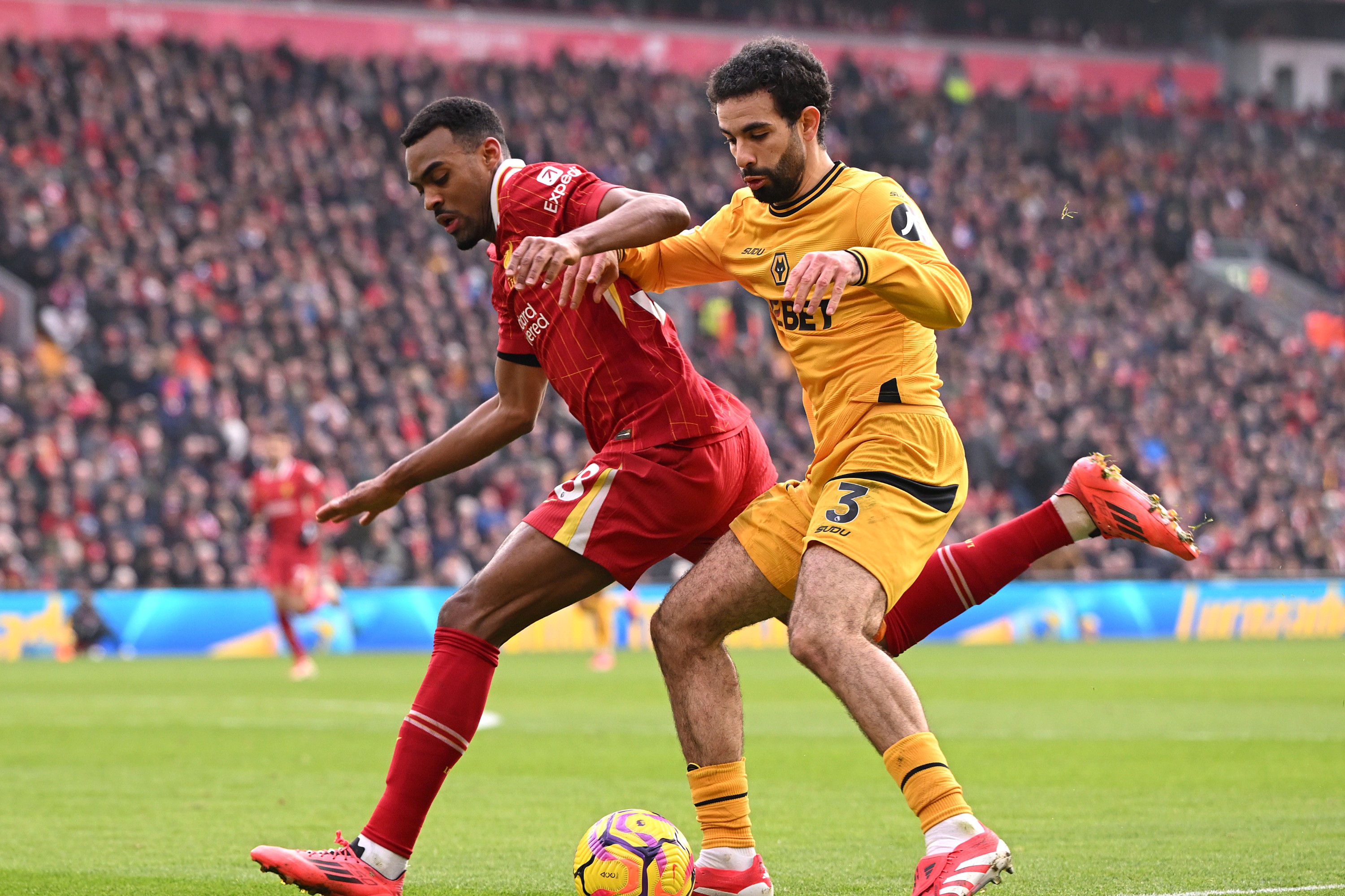 Rayan Ait-Nouri de Wolverhampton Wanderers dribble sous la pression de Ryan Gravenberch de Liverpool